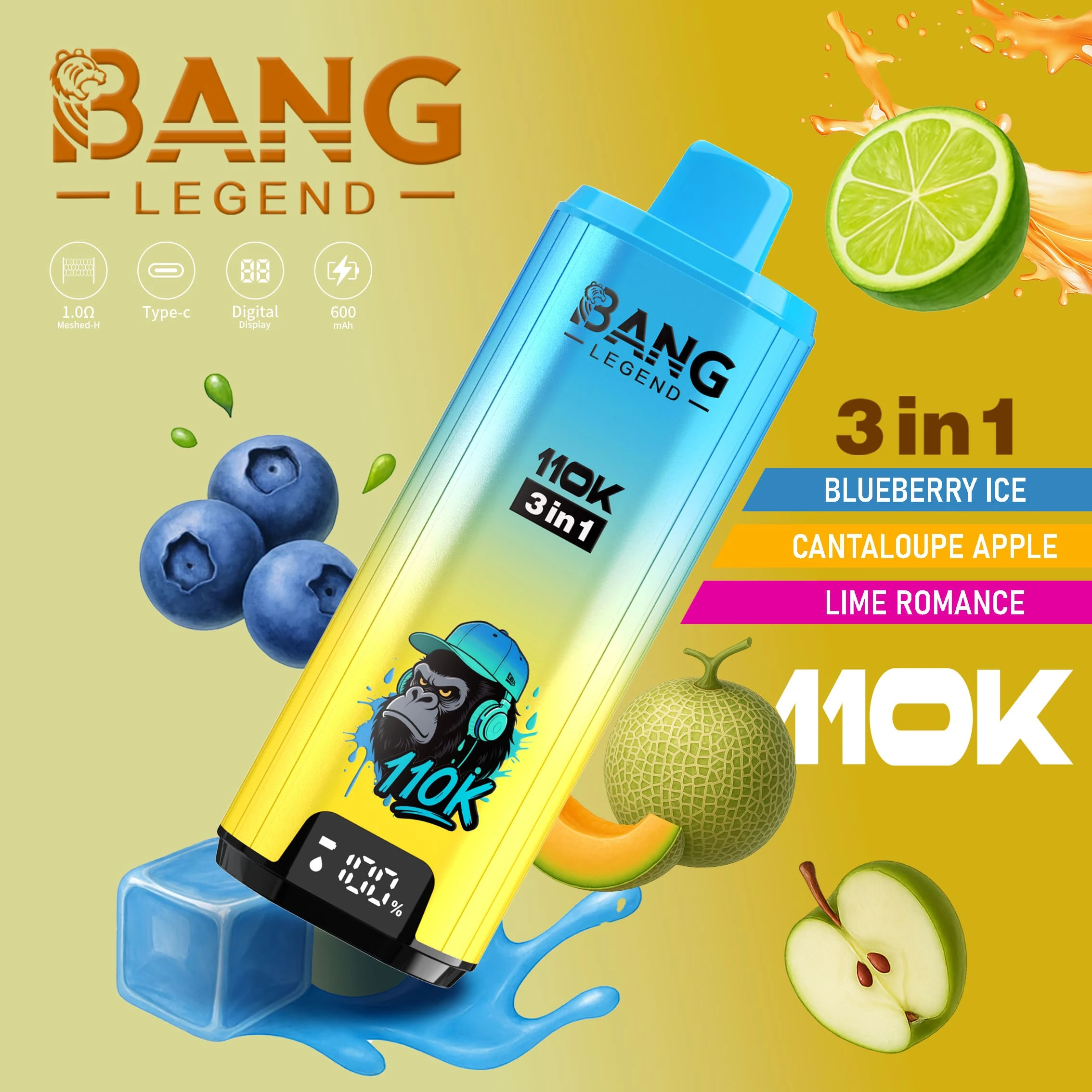 Bang Legend 110000 3in1 02 legend 110k puffs 3in1 vape blueberry ice cantaloupe apple lime romanc vape flavor design with device artwork and matching product packaging.
