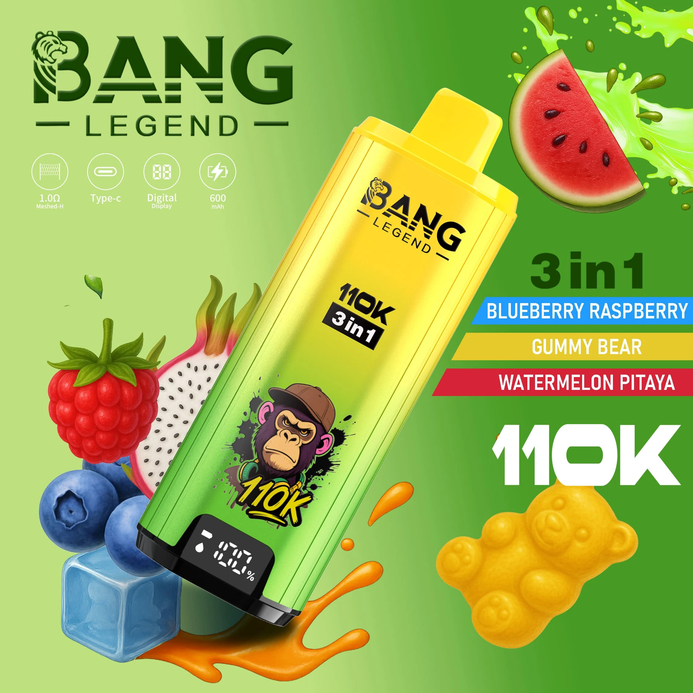 Bang Legend 110000 3in1 03 legend 110k puffs 3in1 vape blueberry raspberry gummy bear watermelon vape flavor design with device artwork and matching product packaging.
