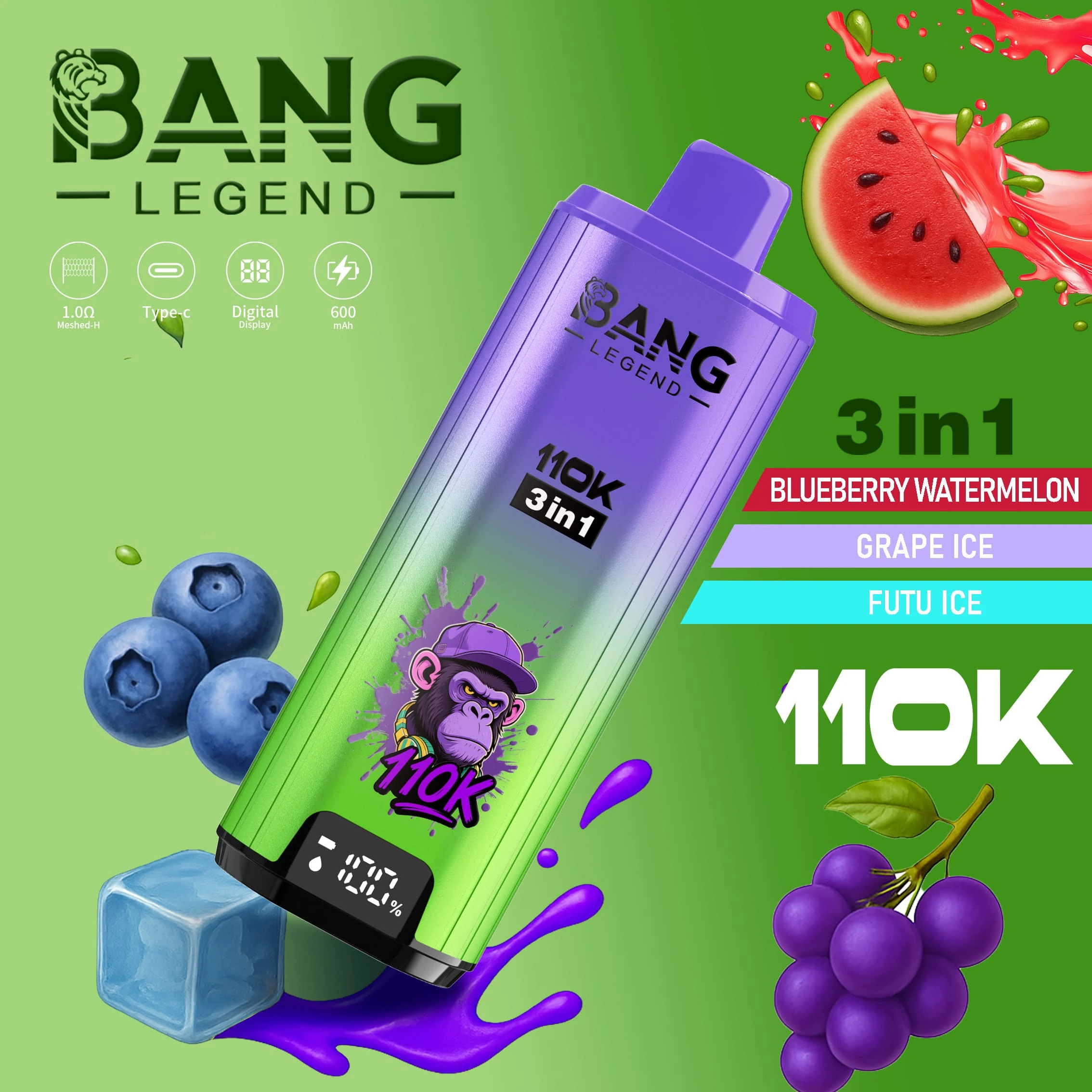 Bang Legend 110000 3in1 04 legend 110k puffs 3in1 vape blueberry watermelon grape ice fuji ice vape flavor design with device artwork and matching product packaging.