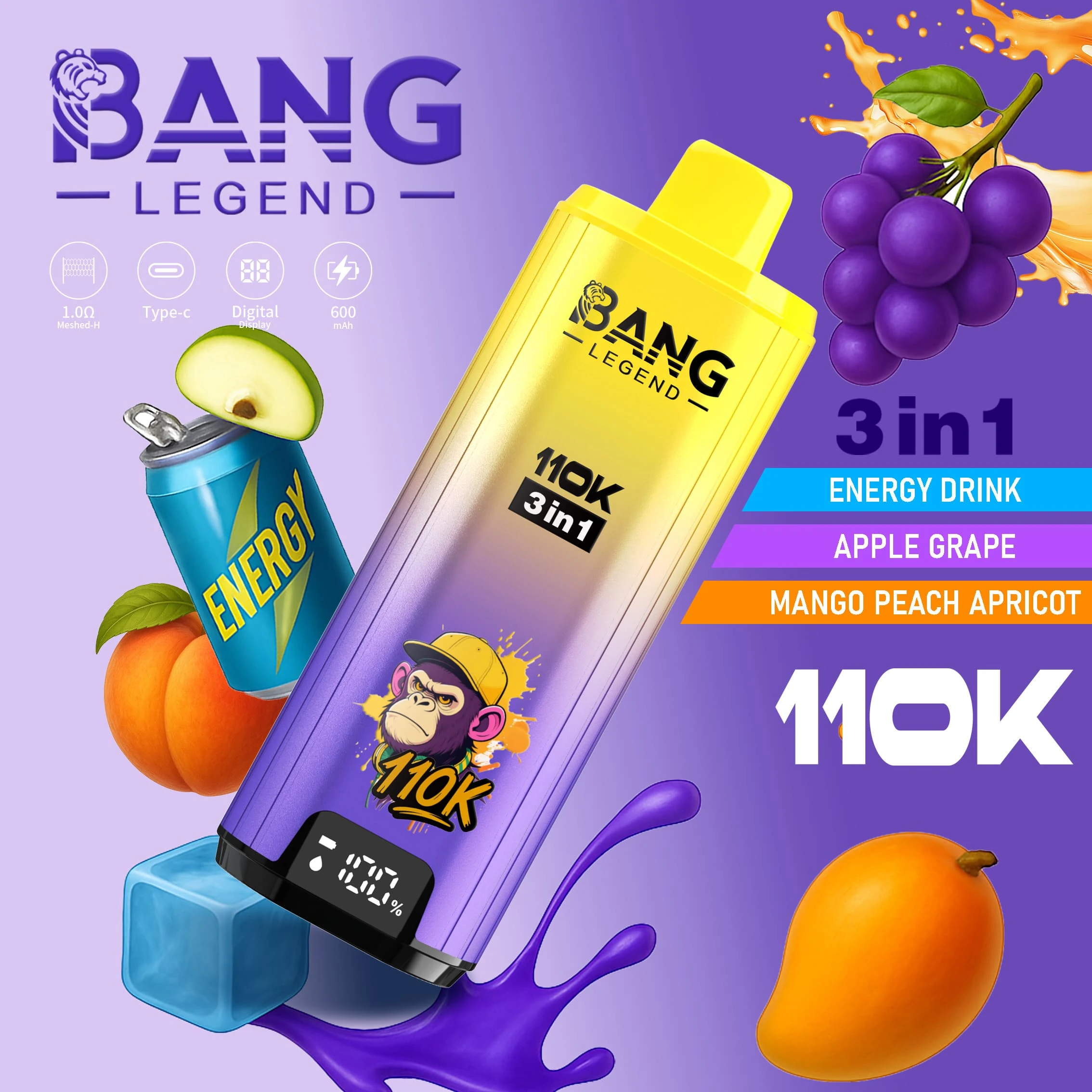 Bang Legend 110000 3in1 05 legend 110k puffs 3in1 vape energydrlnk apple grape mango peach aprico vape flavor design with device artwork and matching product packaging.