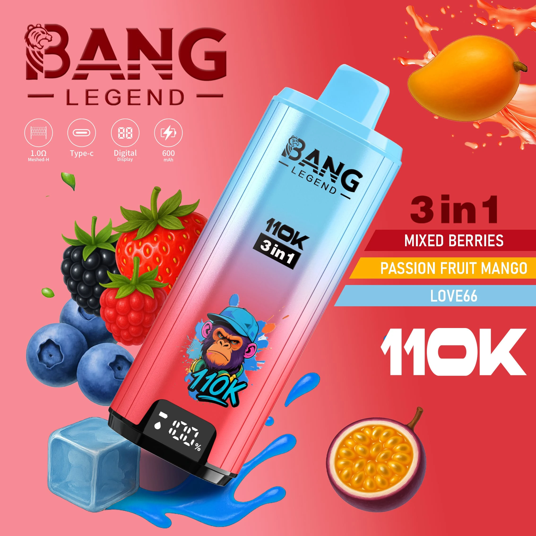 Bang Legend 110000 3in1 06 legend 110k puffs 3in1 vape mixed berries passion fruit mango love66 vape flavor design with device artwork and matching product packaging.