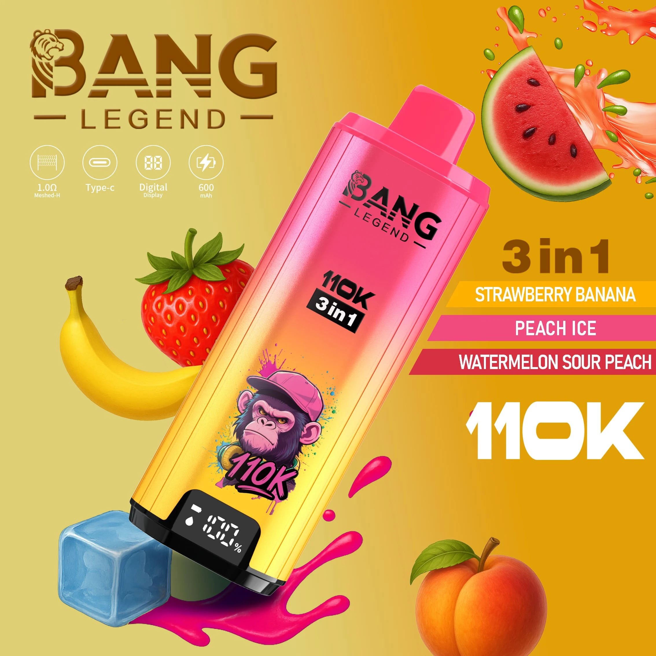 Bang Legend 110000 3in1 07 legend 110k puffs 3in1 vape strawberry banana peach ice watermelon sou vape flavor design with device artwork and matching product packaging.