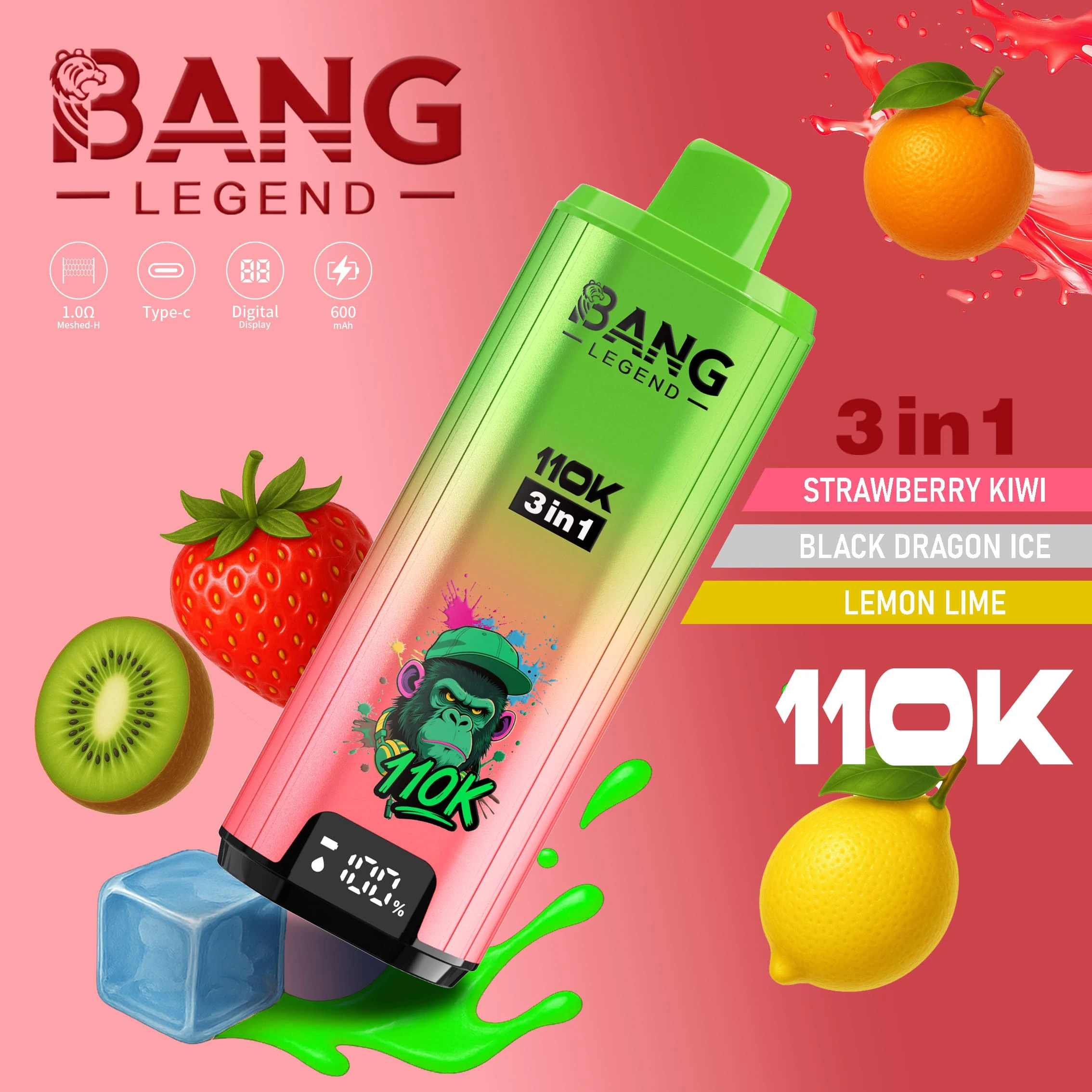 Bang Legend 110000 3in1 08 legend 110k puffs 3in1 vape strawberry kiwi black dragon ice lemon lim vape flavor design with device artwork and matching product packaging.