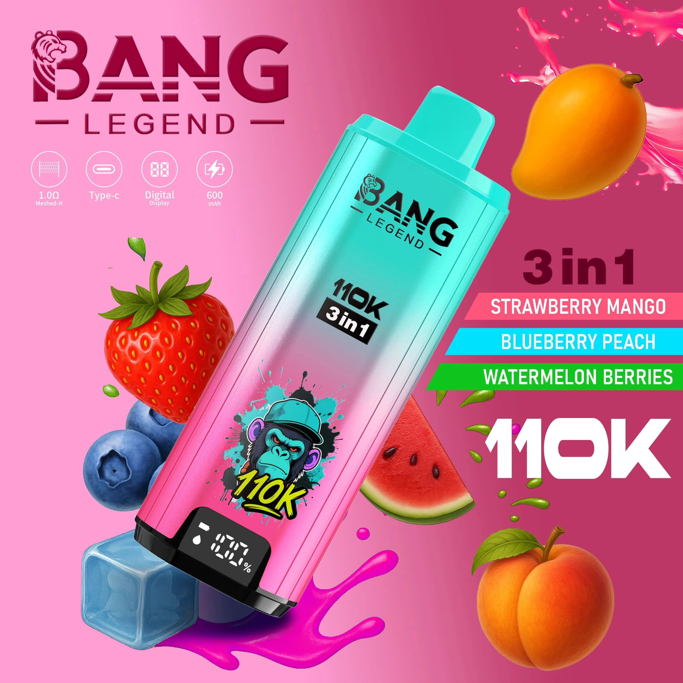 Bang Legend 110000 3in1 09 legend 110k puffs 3in1 vape strawberry mango blueberry peach watermelo vape flavor design with device artwork and matching product packaging.