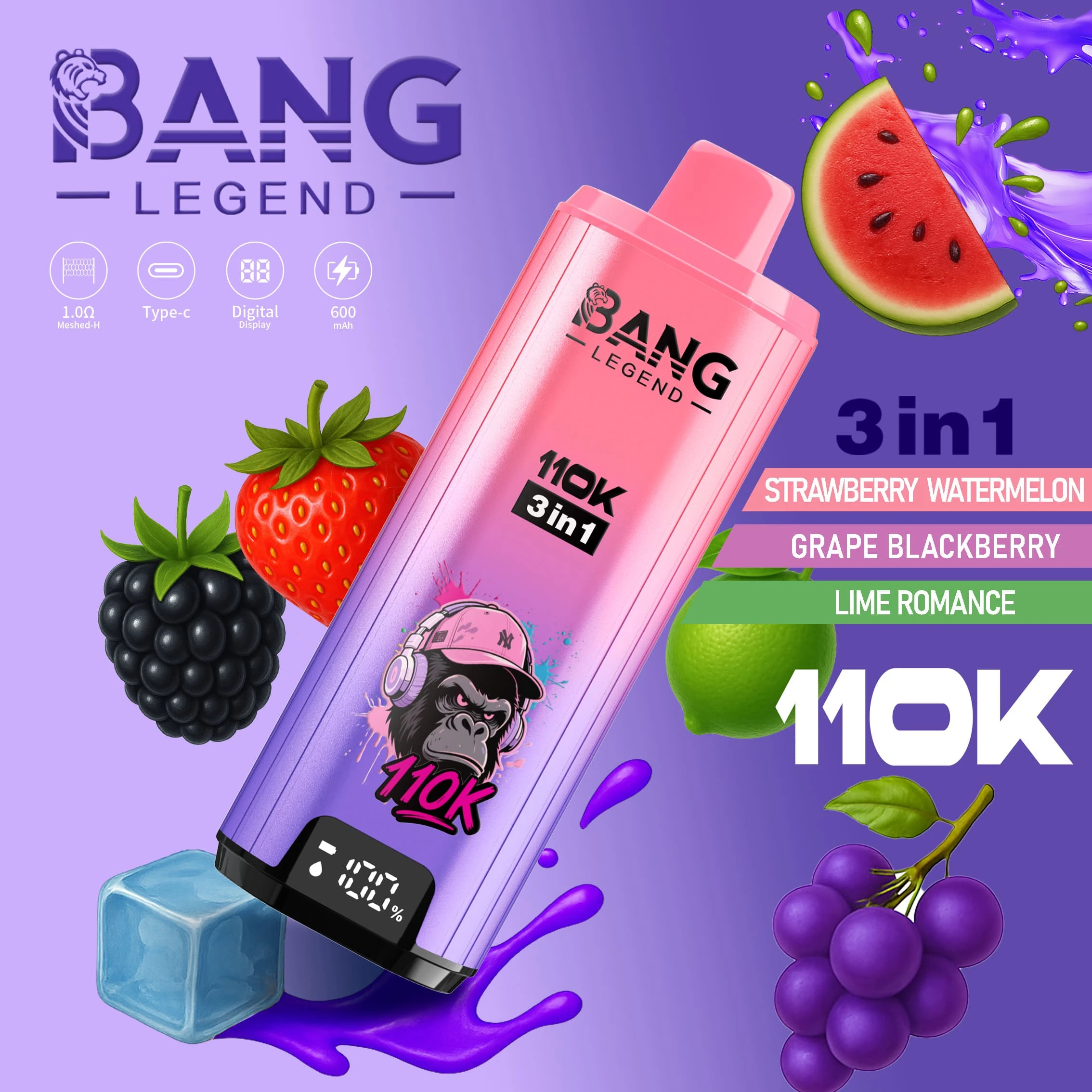 Bang Legend 110000 3in1 10 legend 110k puffs 3in1 vape strawberry watermelon grapes blackberry li vape flavor design with device artwork and matching product packaging.