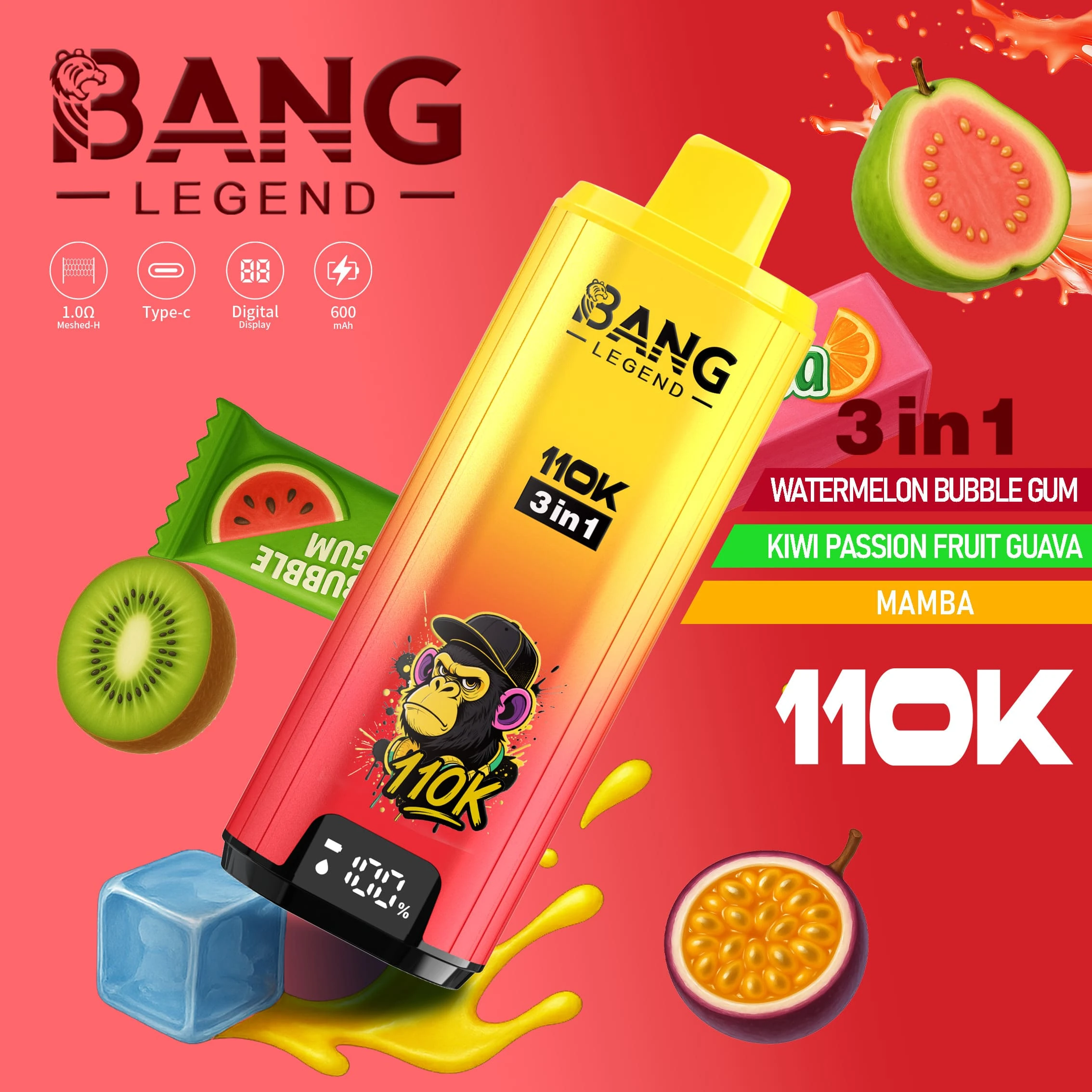Bang Legend 110000 3in1 11 legend 110k puffs 3in1 vape watermelon bubble gum kiwi passion fruit g vape flavor design with device artwork and matching product packaging.
