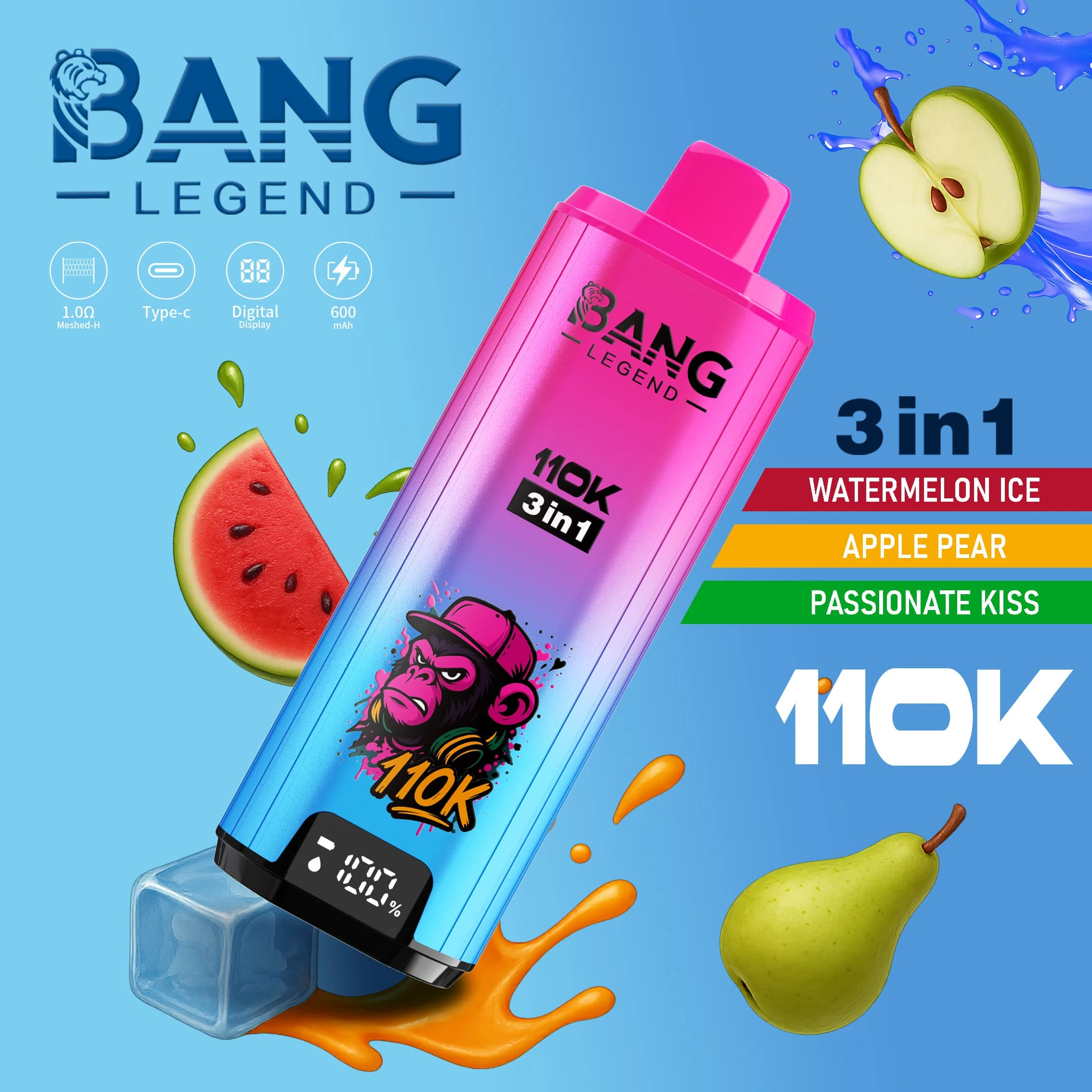 Bang Legend 110000 3in1 12 legend 110k puffs 3in1 vape watermelon ice apple pear passionate kiss vape flavor design with device artwork and matching product packaging.