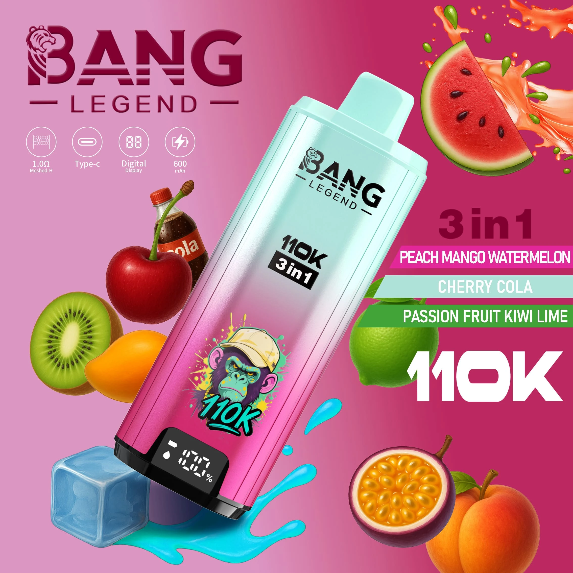 Bang Legend 110000 3in1 13 legend 110k puffs 3in1 vape peach mango watermelon cherry cola passion vape flavor design with device artwork and matching product packaging.