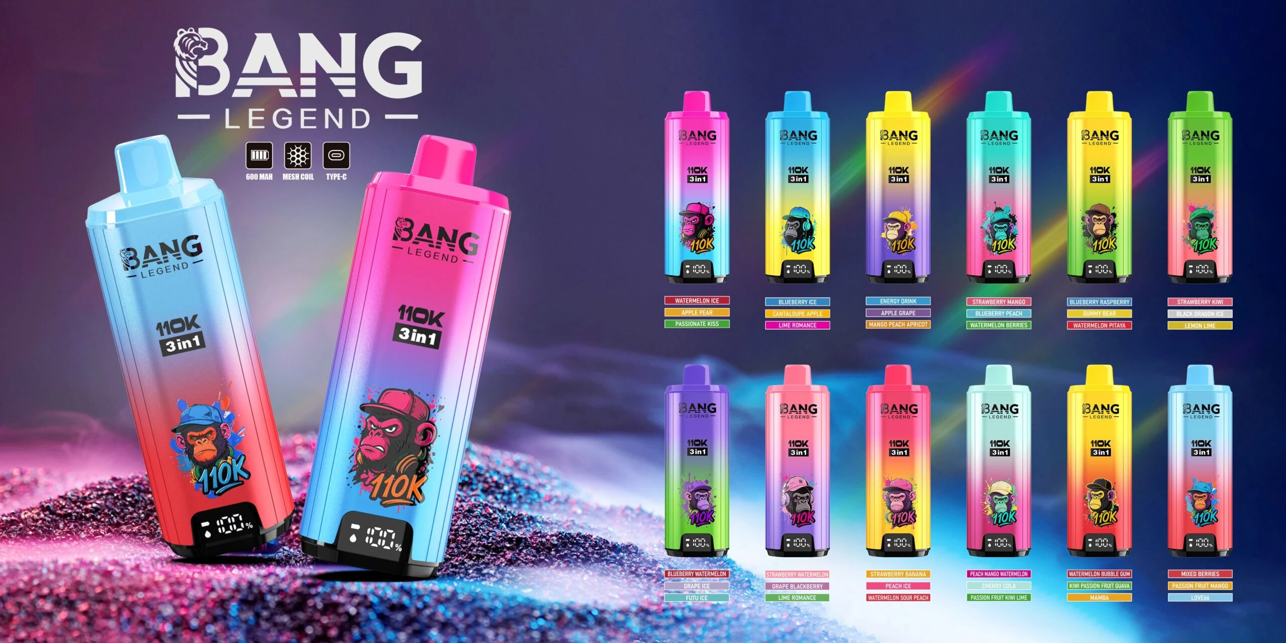 Bang Legend 110000 3in1 14 legend 110k puffs 3in1 vape 1 vape flavor design with device artwork and matching product packaging.