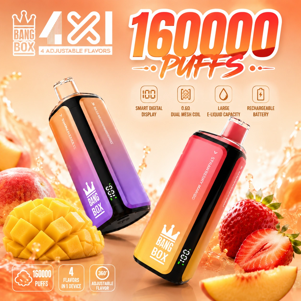 Bang Box 160K 4-in-1 disposable vape with LED display and four switchable flavor tanks for 160000 puffs