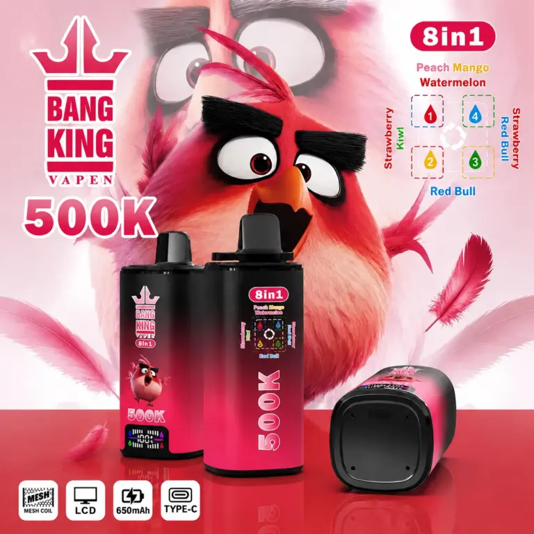 Bang King 500K 8-in-1 branded 8-in-1 disposable vape device and retail packaging