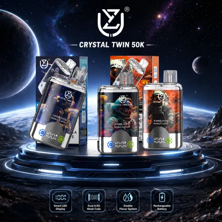 UZY Crystal Twin 50K Puffs Disposable Vape hero presentation showing the featured device design and display in the official product artwork.