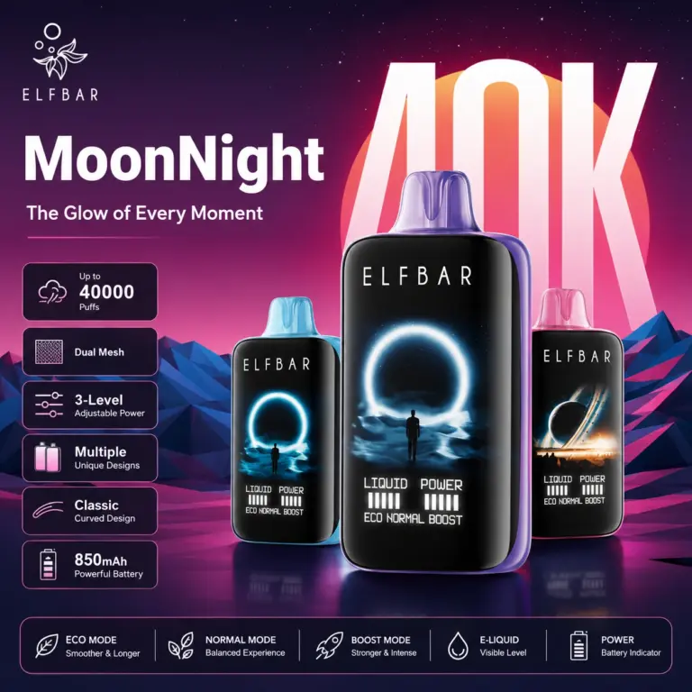 Elf Bar Moon Night 40K Puffs Vape hero view with black rectangular body, smart front LCD and integrated mouthpiece.