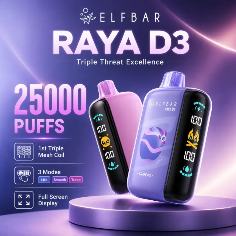 Elf Bar Raya D3 25K disposable vape hero view with compact body, full side screen and rechargeable closed-device design.