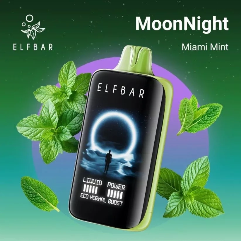 Elf Bar Moon Night 40K Puffs Vape in Miami Mint, shown with a green mouthpiece against mint leaves on a green background.