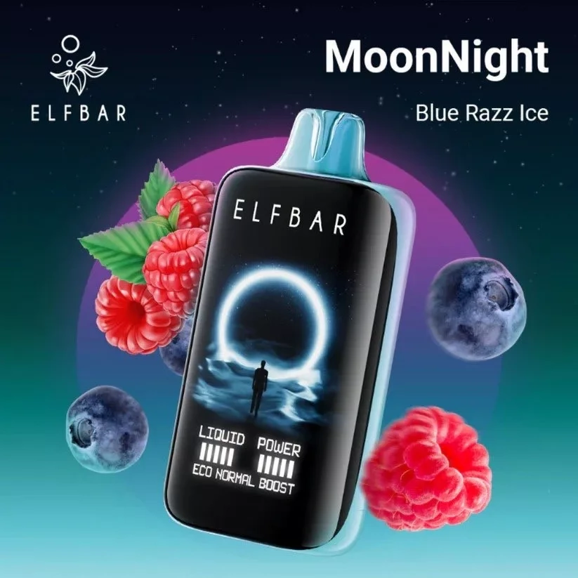 Elf Bar Moon Night 40K Puffs Vape in Blue Razz Ice, shown with a blue mouthpiece beside blueberries and raspberries.