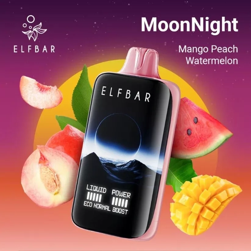Elf Bar Moon Night 40K Puffs Vape in Mango Peach Watermelon, shown with fruit pieces on a warm pink gradient background.