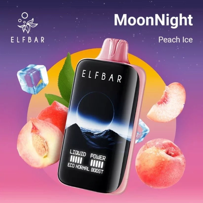 Elf Bar Moon Night 40K Puffs Vape in Peach Ice, shown with a pink mouthpiece, peach slices and ice cubes on a pink backdrop.