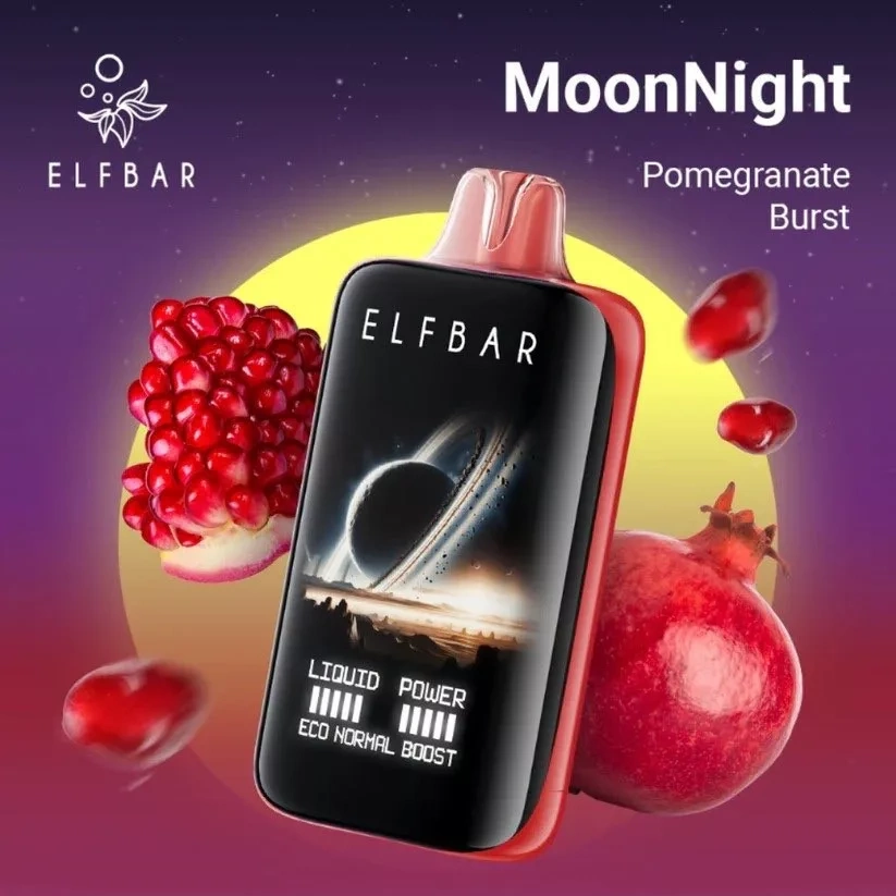 Elf Bar Moon Night 40K Puffs Vape in Pomegranate Burst, displayed with pomegranate fruit and seeds on a deep red background.