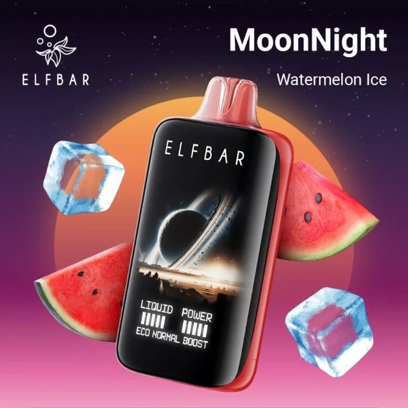 Elf Bar Moon Night 40K Puffs Vape in Watermelon Ice, shown upright with watermelon wedges and ice cubes on a pink backdrop.