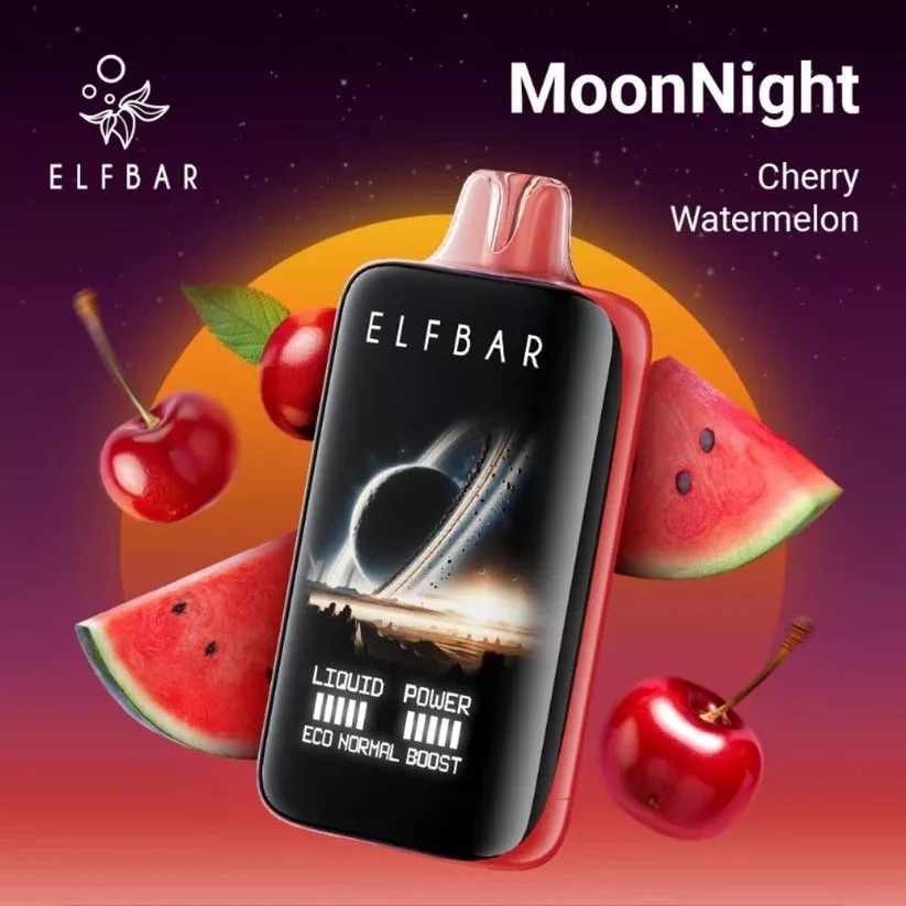 Elf Bar Moon Night 40K Puffs Vape in Cherry Watermelon, presented with cherries and watermelon slices on a red background.