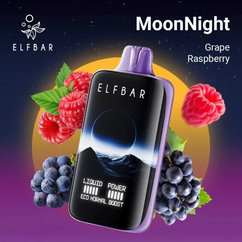 Elf Bar Moon Night 40K Puffs Vape in Grape Raspberry, shown with raspberries and dark grape clusters on a purple backdrop.