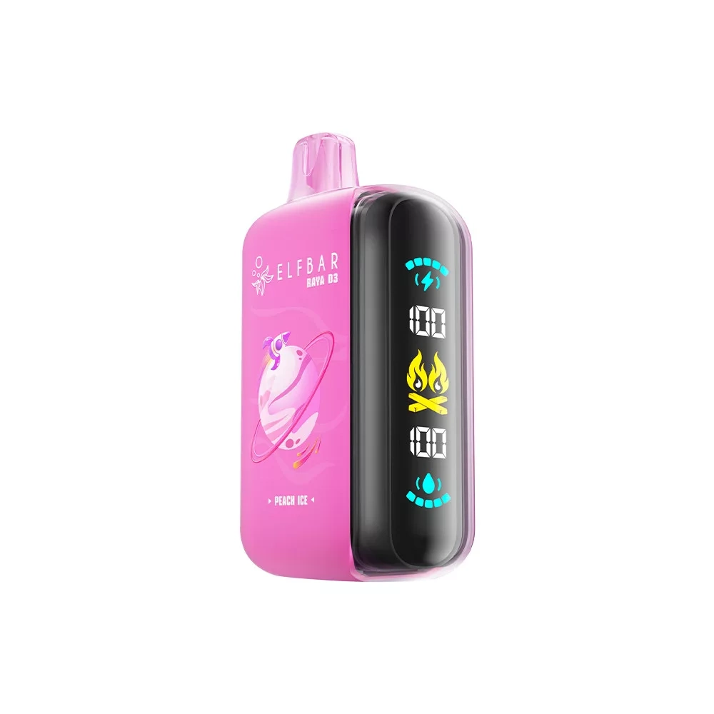 Elf Bar Raya D3 25K Peach Ice device in pink, showing the color display and rounded rechargeable disposable vape body.