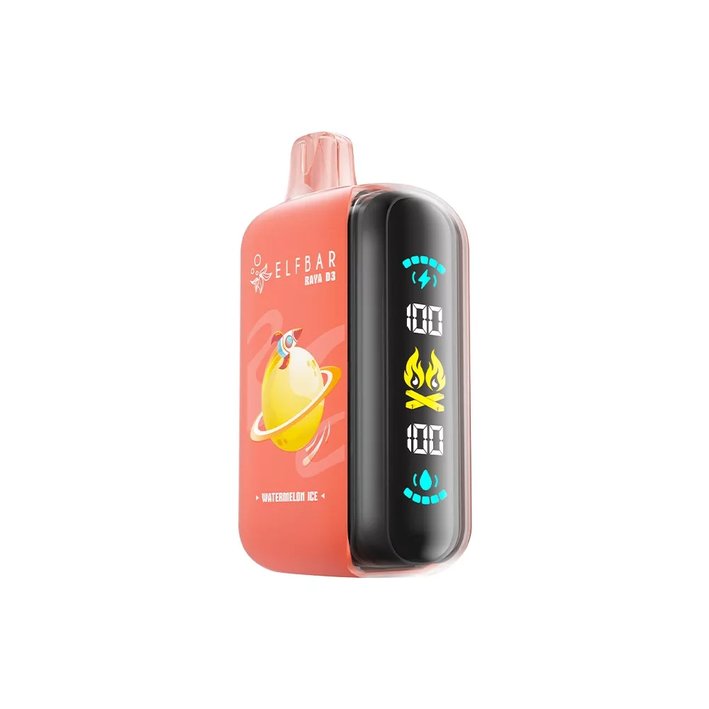Elf Bar Raya D3 25K Watermelon Ice device in coral, highlighting the screen interface and curved pocket-size body.