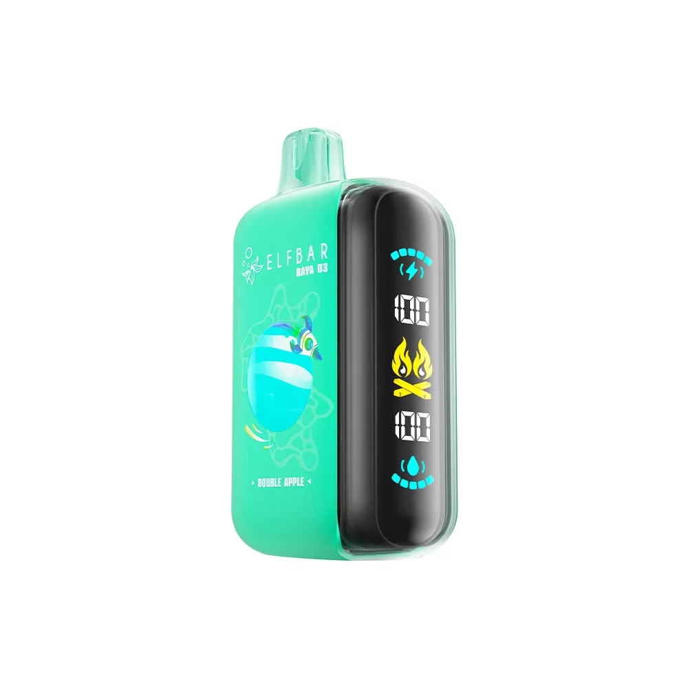 Elf Bar Raya D3 25K Double Apple device in green, shown upright with the full side display and integrated mouthpiece.