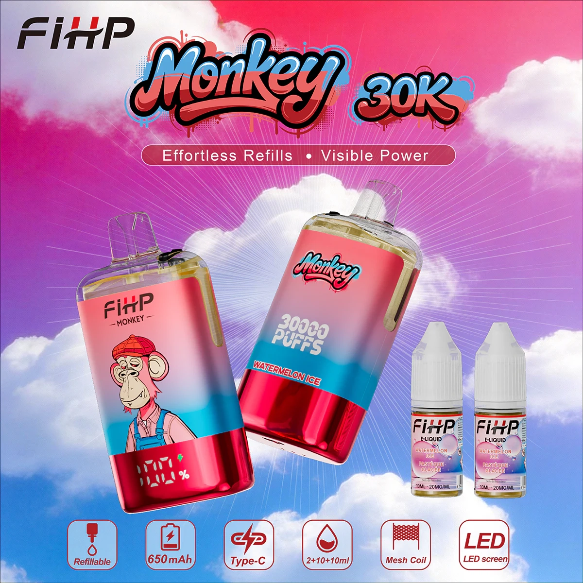 FIHP Monkey 30000 Puffs gallery view 16 presenting the branded disposable vape device, exterior finish and source product styling.