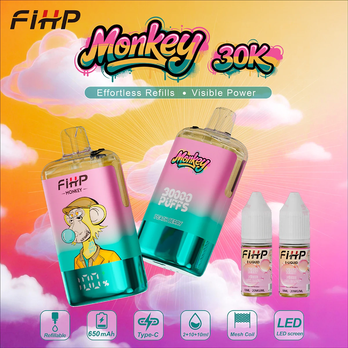 FIHP Monkey 30000 Puffs gallery view 19 displaying the branded disposable vape design and exterior details in the source product set.
