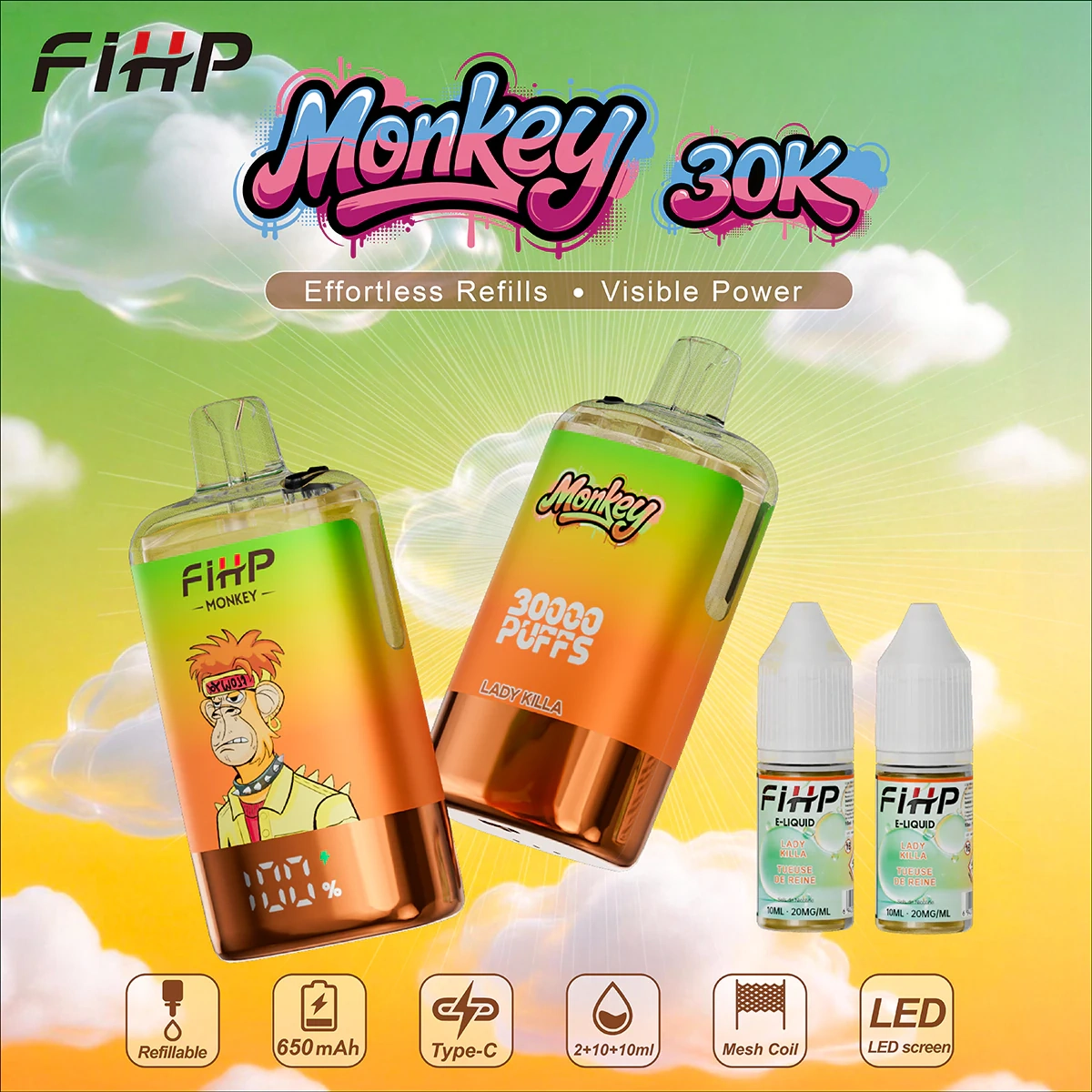 FIHP Monkey 30000 Puffs gallery view 22 showing the branded vape design, color finish and product details from the source gallery.