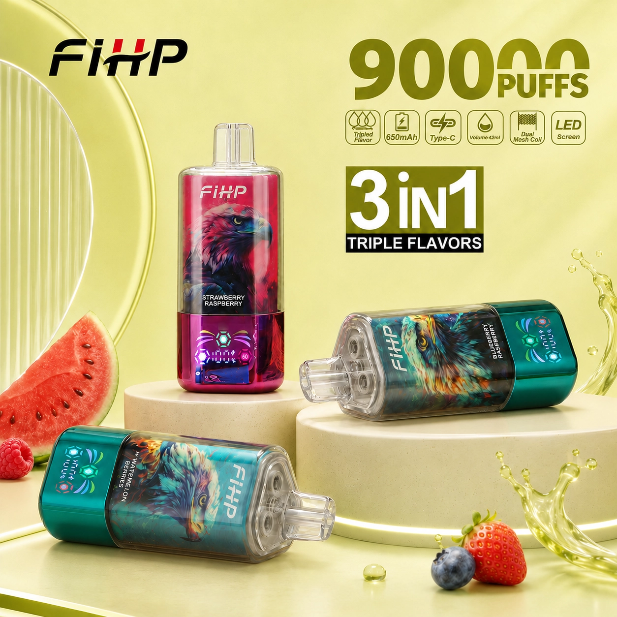 FIHP 90K 3-in-1 disposable vape main product image showing the device design and retail presentation