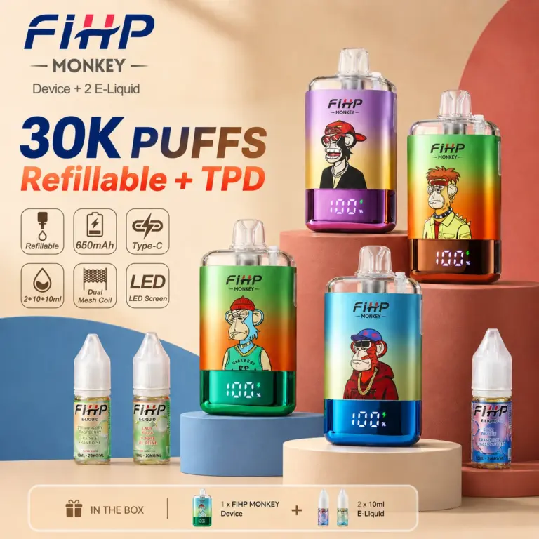 FIHP Monkey 30K branded refillable disposable vape device and retail packaging