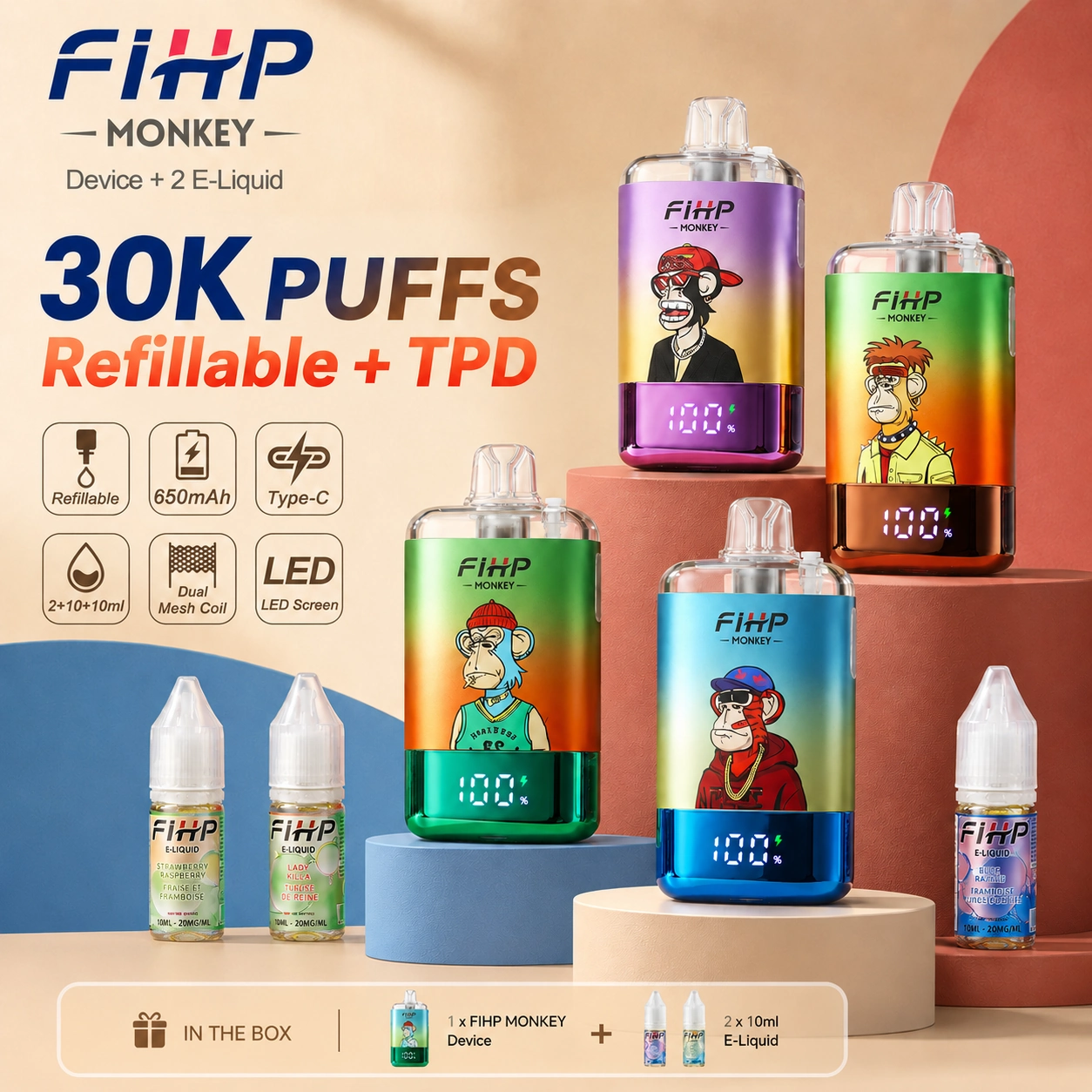 FIHP Monkey 30K branded refillable disposable vape device and retail packaging