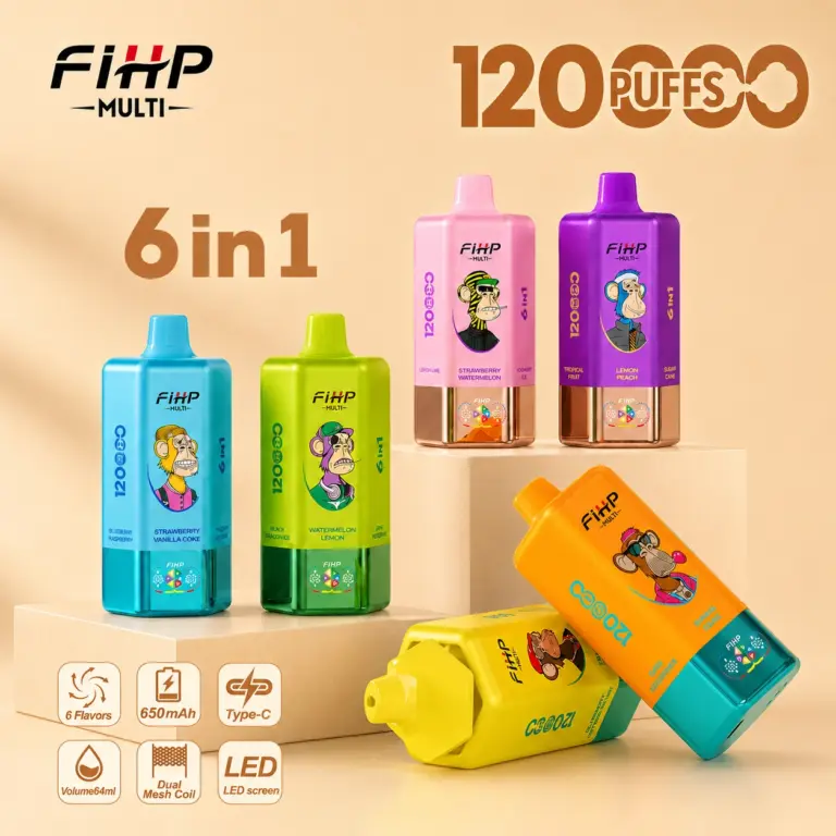 FIHP MULTI 120K 6-in-1 disposable vape main product image showing the device design and retail presentation