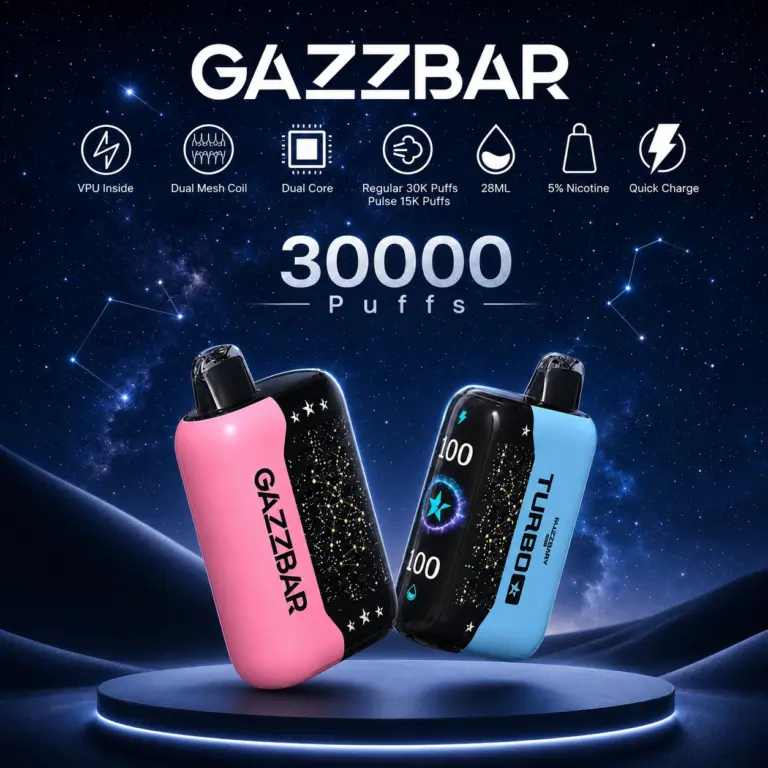 Gazzbar Turbo 30K disposable vape with branded high-capacity device and retail packaging