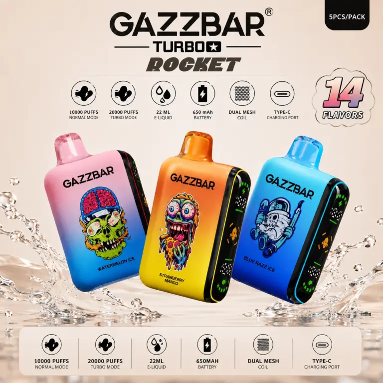 Gazzbar Rocket 20K disposable vape with smart LED display, dual mesh coil design and branded product presentation