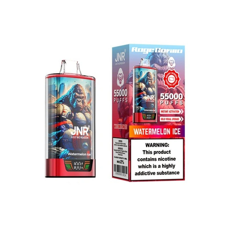 JNR Rage Gorilla 55K disposable vape shown with colorful flavor variant artwork and matching retail packaging