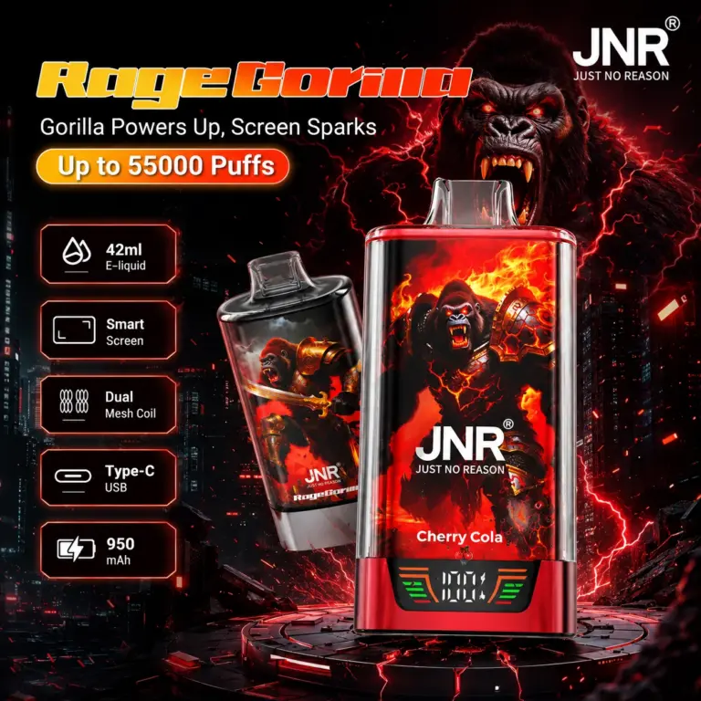 JNR Rage Gorilla 55K disposable vape with smart display, dual mesh coil design and branded high-capacity product presentation
