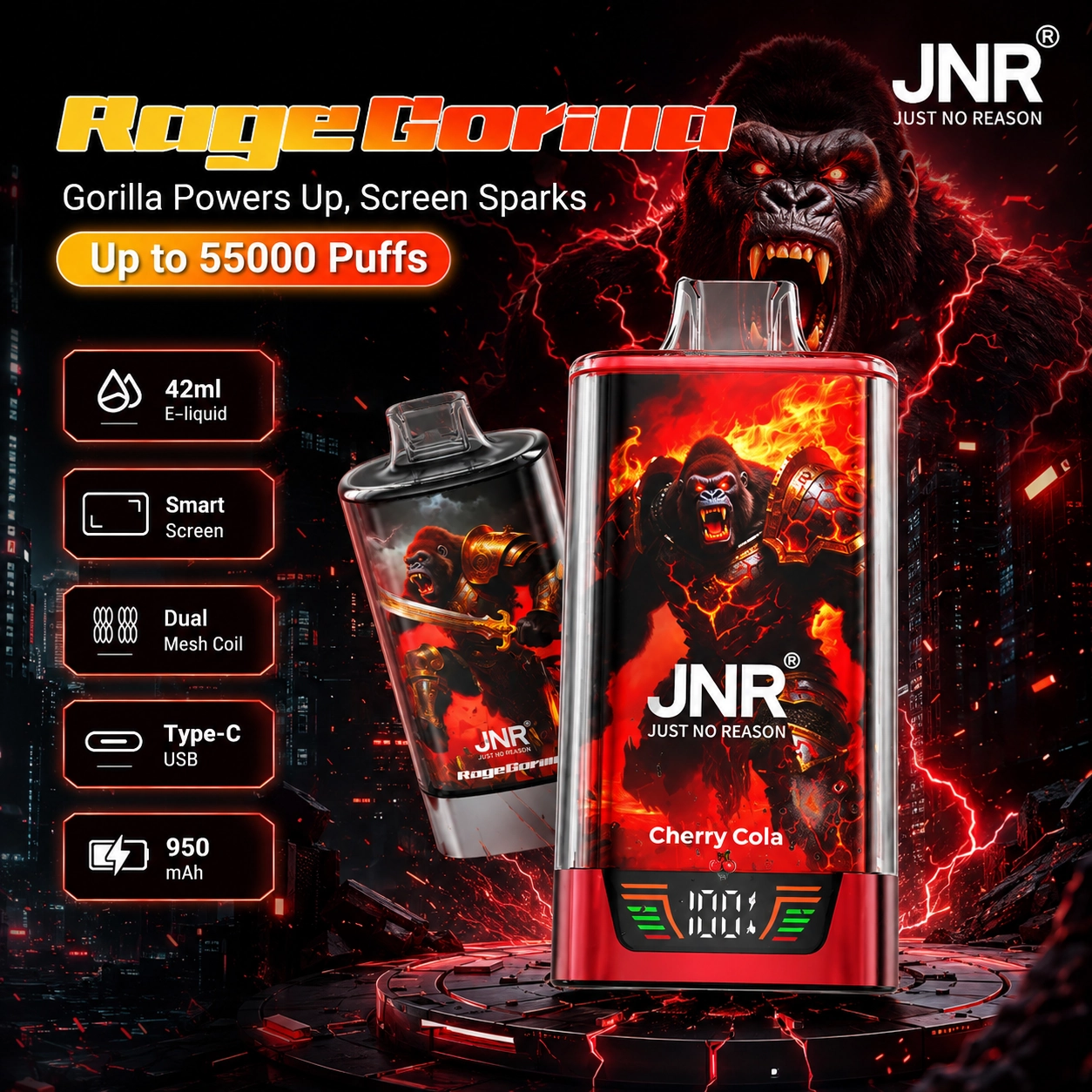 JNR Rage Gorilla 55K disposable vape with smart display, dual mesh coil design and branded high-capacity product presentation