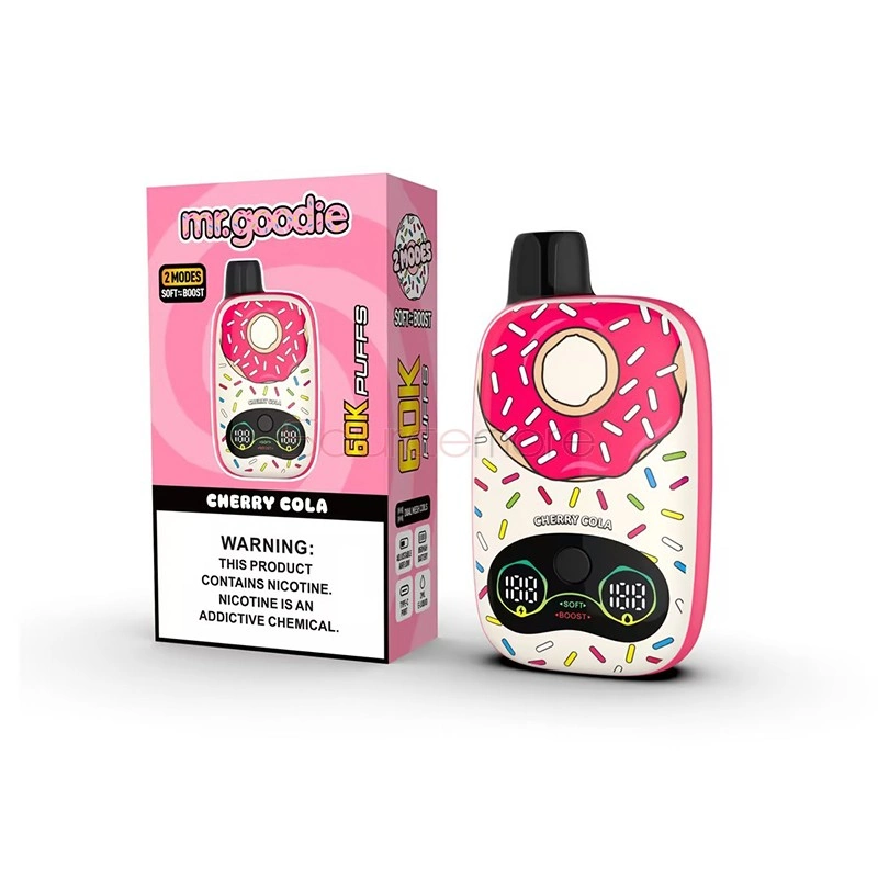 Mr.Goodie Donut 60K Puffs Disposable Vape, Cherry Cola donut-shaped device beside its red retail box, presented in the supplier gallery artwork.