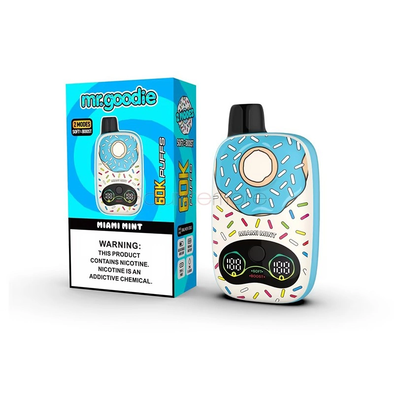 Mr.Goodie Donut 60K Puffs Disposable Vape, Miami Mint donut-shaped device beside its blue retail box, presented in the supplier gallery artwork.