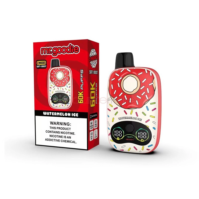 Mr.Goodie Donut 60K Puffs Disposable Vape, Watermelon Ice donut-shaped device beside its red retail box, presented in the supplier gallery artwork.