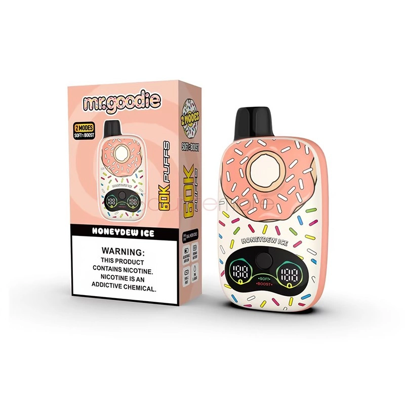 Mr.Goodie Donut 60K Puffs Disposable Vape, Honeydew Ice donut-shaped device beside its peach retail box, presented in the supplier gallery artwork.
