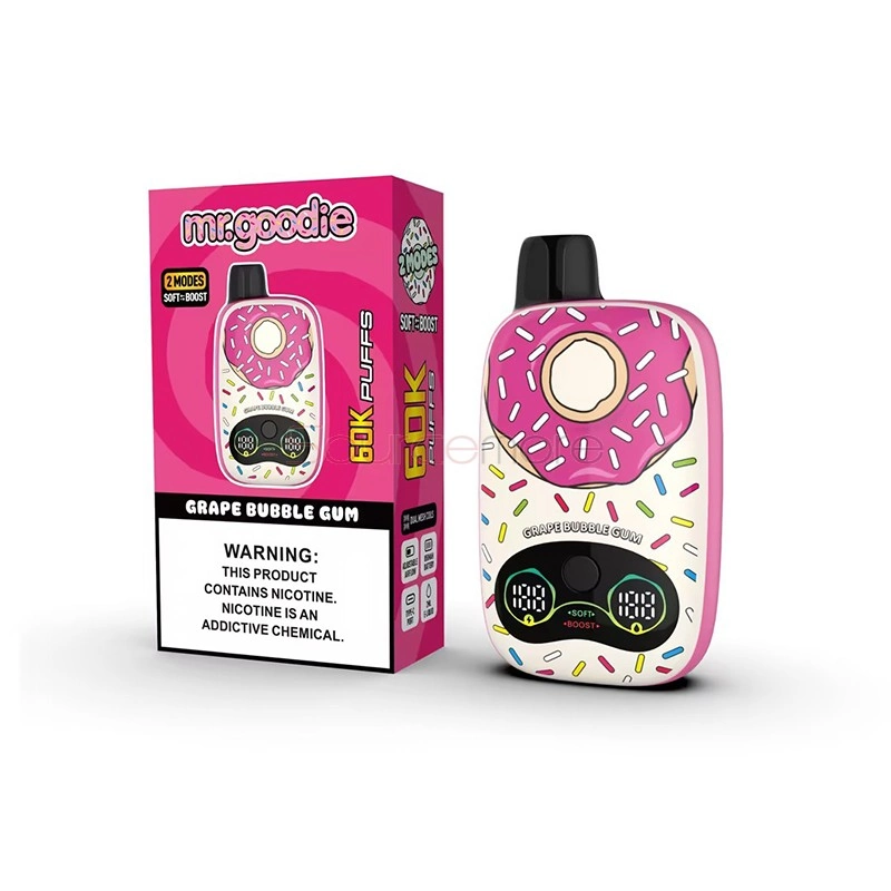 Mr.Goodie Donut 60K Puffs Disposable Vape, Grape Bubble Gum donut-shaped device beside its purple retail box, presented in the supplier gallery artwork.