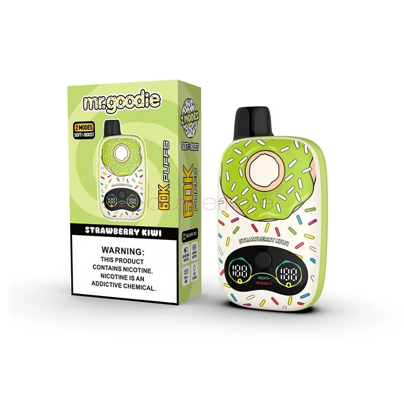 Mr.Goodie Donut 60K Puffs Disposable Vape, Strawberry Kiwi donut-shaped device beside its green retail box, presented in the supplier gallery artwork.