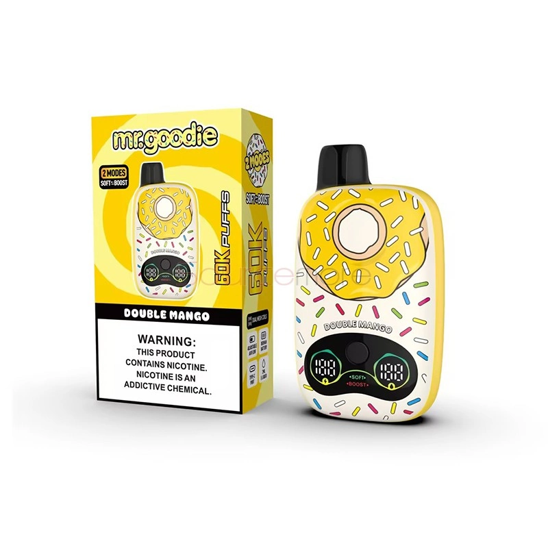Mr.Goodie Donut 60K Puffs Disposable Vape, Double Mango donut-shaped device beside its yellow retail box, presented in the supplier gallery artwork.