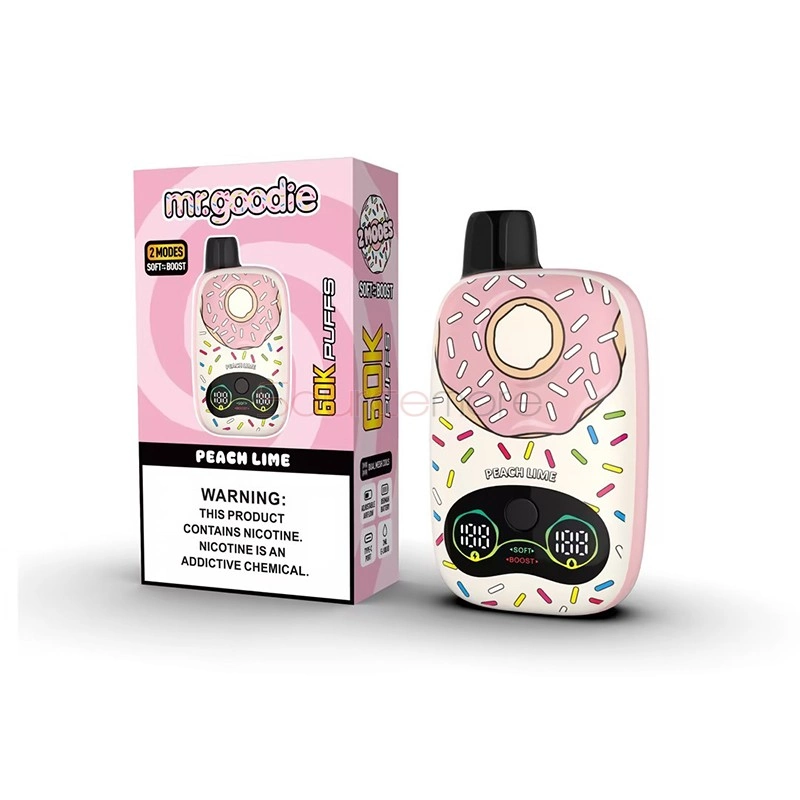 Mr.Goodie Donut 60K Puffs Disposable Vape, Peach Lime donut-shaped device beside its pale pink retail box, presented in the supplier gallery artwork.