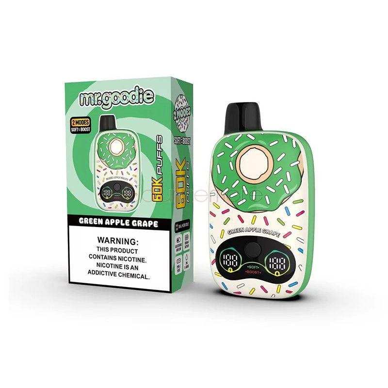 Mr.Goodie Donut 60K Puffs Disposable Vape, Green Apple Grape donut-shaped device beside its green retail box, presented in the supplier gallery artwork.